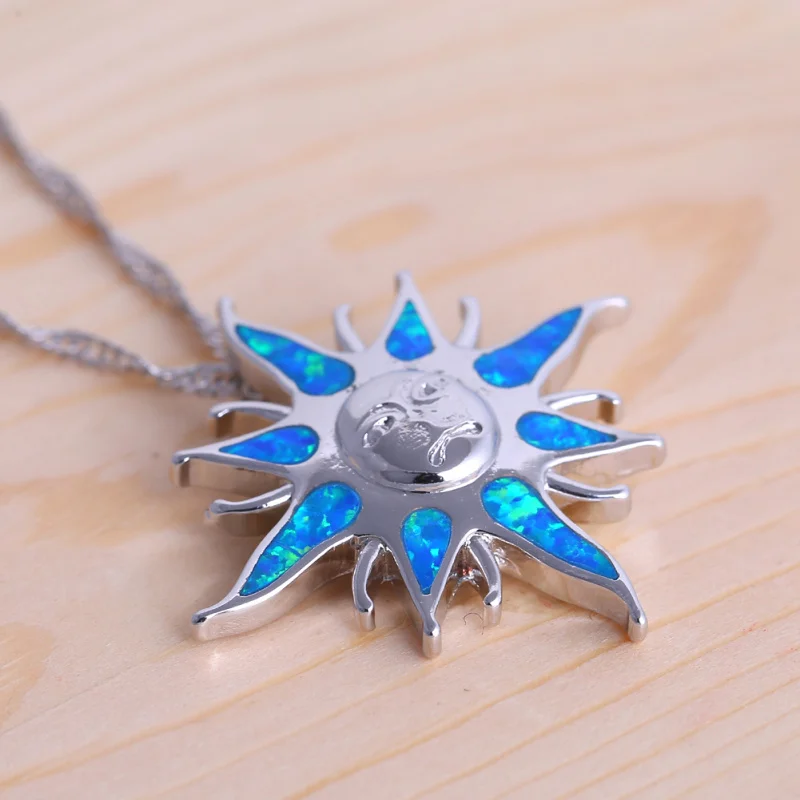 Ayowei Hot sell sun flower for girl birthday gift blue fire opal silver 925 Pendant Necklaces women fashion jewelry OP772A | Украшения и
