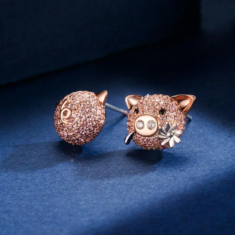 Rose gold color Vicney, новые модные милые маленькие серьги с изображением свинок, милые серьги-гвоздики AAA с цирконием, ювелирные изделия, букле d'oreille femme - Окраска металла: Rose gold color