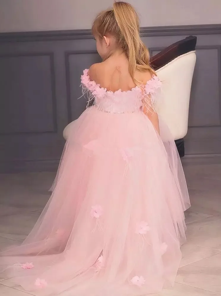 BONJEAN Pink Tulle High Low Flower Girls Dresses For Wedding Princess 3D Boat Neck Fisrt Communion Dress Party | Свадьбы и торжества