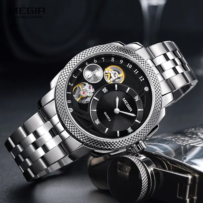 Мужские Стальные кварцевые часы Megir аналоговые наручные Montres с декоративным