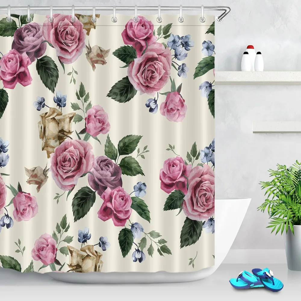 

LB Floral with Pink Roses on Light Fabric Watercolor Shower Curtain Waterproof Polyester Bathroom Curtains For Bathtub Decor