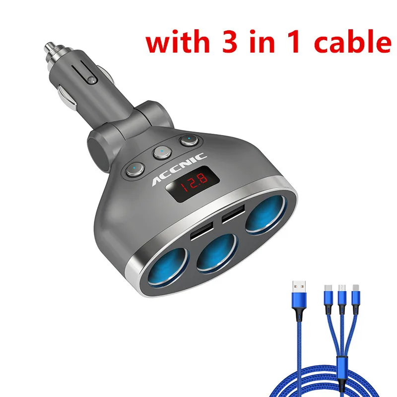 ACCNIC 3 в 1 двойная USB розетка для автомобильного прикуривателя Разветвитель 3 прикуривателя автомобиля USB монитор напряжения для iPhone samsung - Название цвета: with 3in1 cable