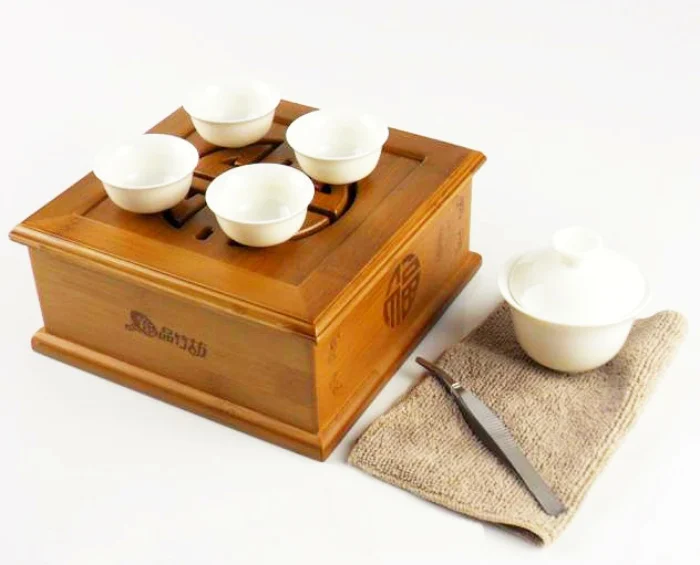 Free shipping Bamboo Kung Fu tea service with GaiWan &amp cups stainless steel clip Travel set in portable bag | Дом и сад