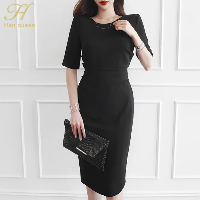 Black H Han queen, одноцветное Платье-футляр с круглым вырезом, новинка, женское элегантное облегающее платье, повседневная офисная одежда, Vestidos - Цвет: Black