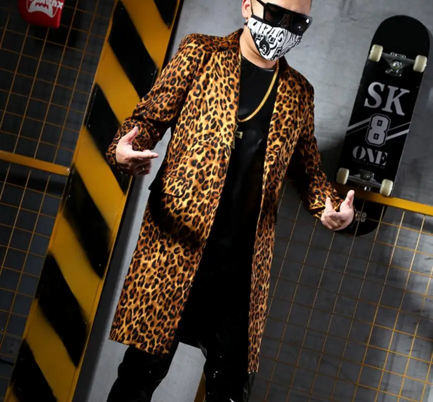 

5XL! Yellow Leopard Medium-Long Blazer Casual suit Nightclub Bar Men Singers Stage Show Costumes GO GO DS DJ Dress !