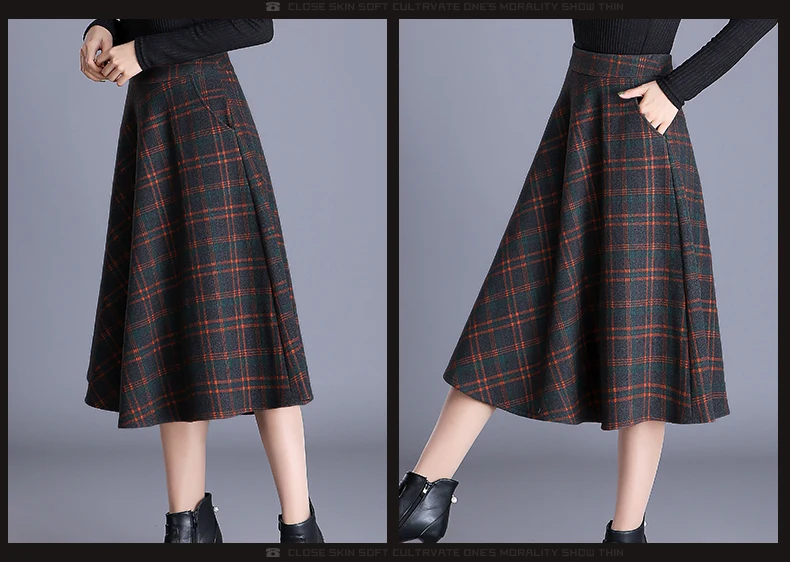 S-4XL New Women's Wool Blends Skirts Winter Autumn Fashion Elegant Printed Plaid Thicken Slim Medium Length Skirt Female