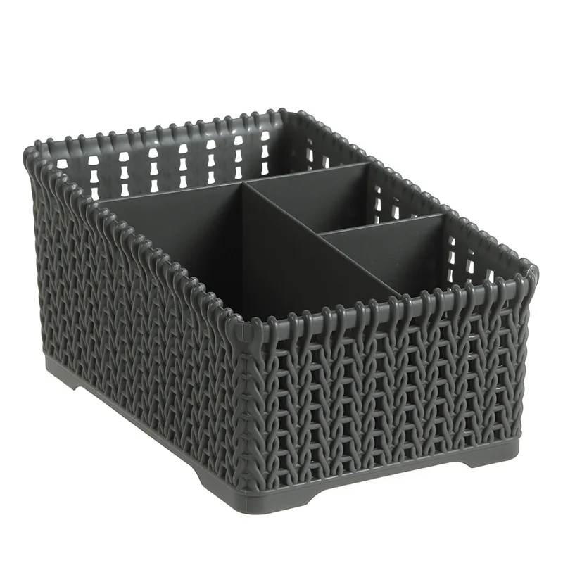 dark gray-large Rattan Cosmetic Storage Box Plastic Makeup Organizer Home Office Desk Storage Brush Holder Case Sundries Basket Object Container - Цвет: dark gray-large