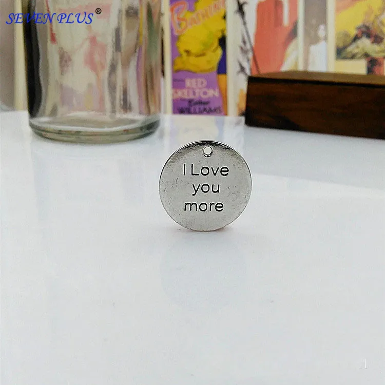 

High Quality 20 Pieces/Lot Diameter 22mm Antique Silver Plated Letter Printed I love you more Round Pendants