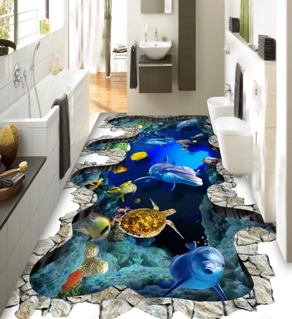 

[Self-Adhesive] 3D Turtle Dolphin Tile 4 Non-slip Waterproof Photo Self-Adhesive Floor Mural Sticker WallPaper Mural Print Decal