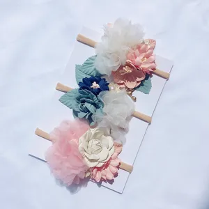 Нейлоновая повязка на голову с цветами и жемчугом для девочек, винтажная эластичная повязка на голову с цветочным рисунком и бантами для волос для детей, аксессуары для волос