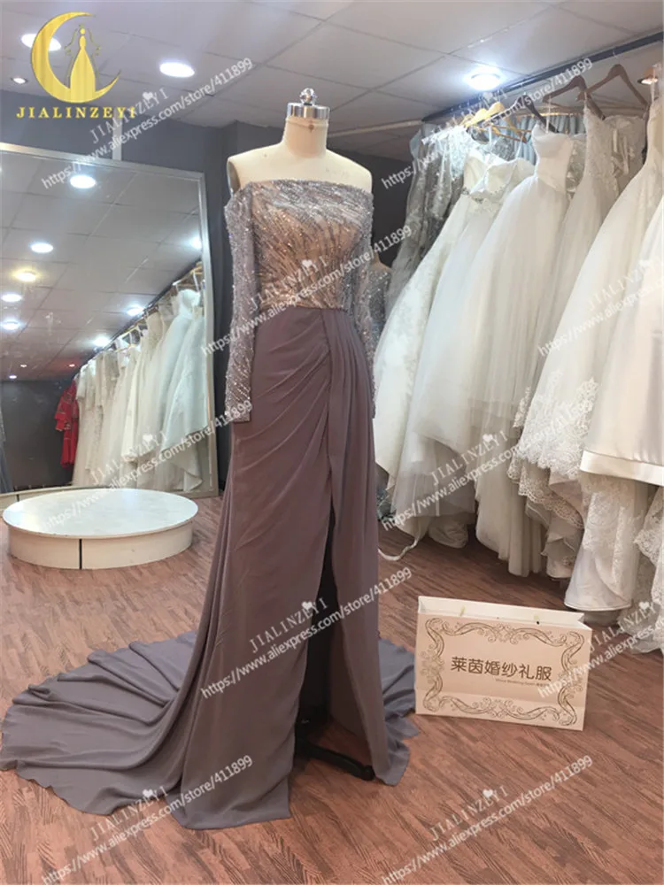 JIALINZEYI New Sexy Boat Neck Grey Long Sleeves Beads Sequins Chiffon Slit Mermaid Party Formal Dresses  Evening Dresses 2020