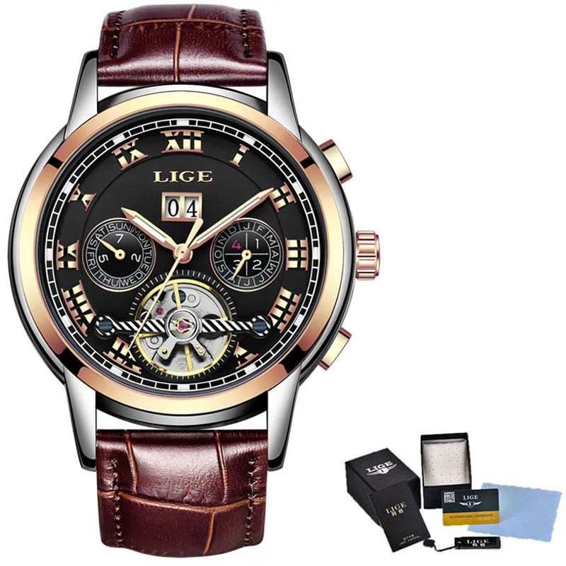 l rose gold black LIGE, мужские часы, Лидирующий бренд, Роскошные автоматические механические часы, мужские кожаные, бизнес, водонепроницаемые, спортивные часы, Relogio Masculino - Цвет: l rose gold black
