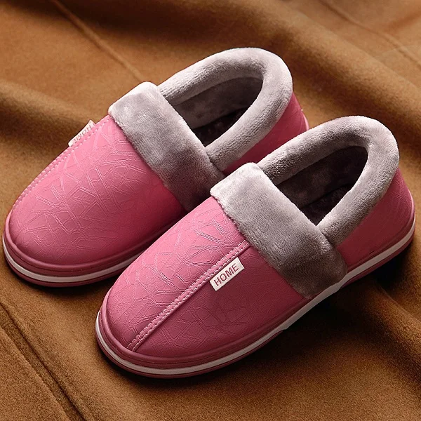 Pink 2 Домашние тапочки для пар; зимние женские плюшевые тапочки из искусственной кожи для влюбленных; большие размеры; домашняя теплая мягкая женская домашняя обувь на меху - Цвет: Pink 2