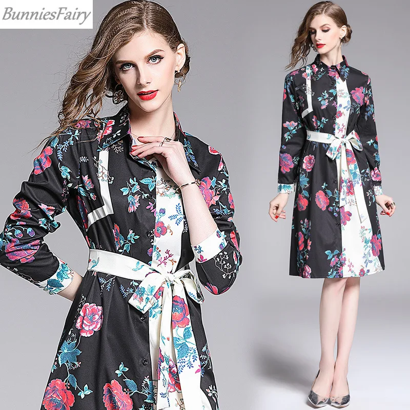 BunniesFairy 2019 осеннее женское винтажное ретро платье-рубашка свободного кроя с