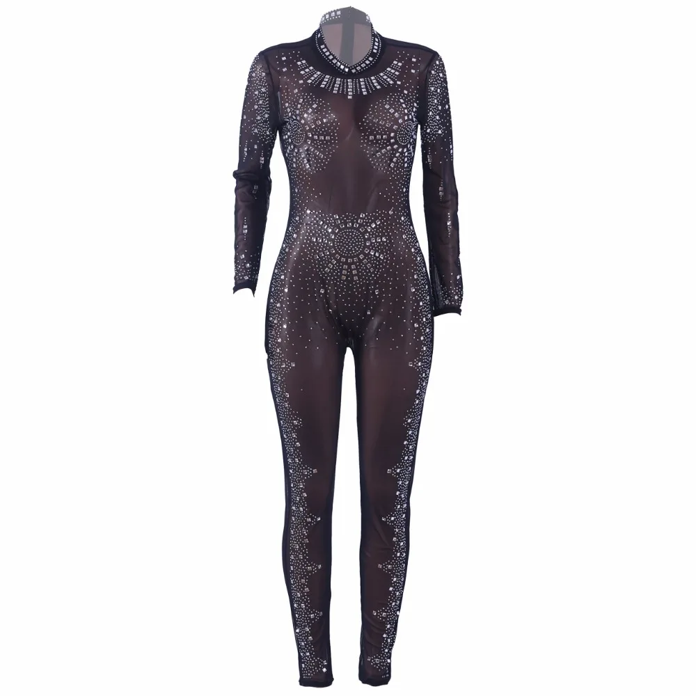 Для женщин Mock Neck Jumpsuit блесток горный хрусталь Алмазы комбинезоны с длинным рукавом Тощий комбинезон Клубная одежда Вечерние Одна деталь комбинезон