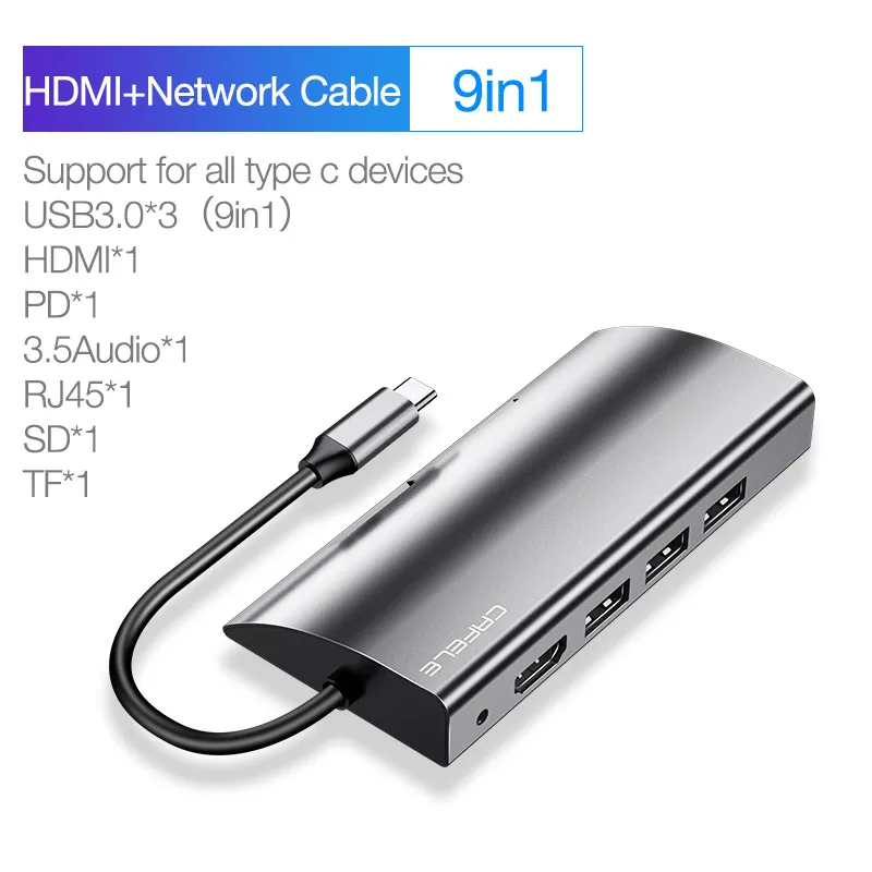 Адаптер CAFELE USB Type C HDMI Thunderbolt 3 док станция 0 с разъемом RJ45 PD TF SD ридер 5 аудио для MacBook