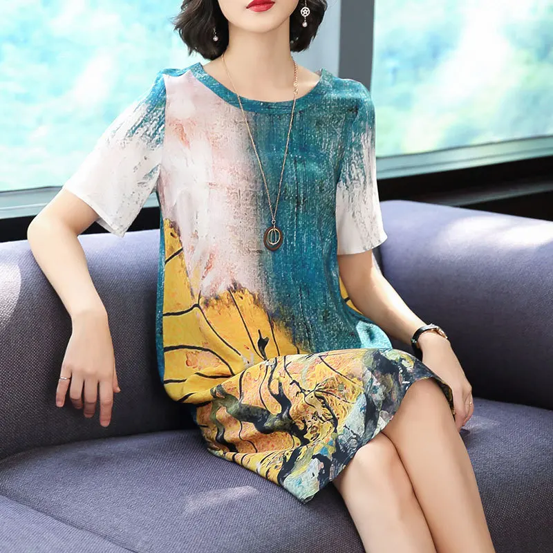 

Women's Dresses2020 new summer oil painting printed silk dress fashion loose casual dress large size M-3XL high quality vestidos