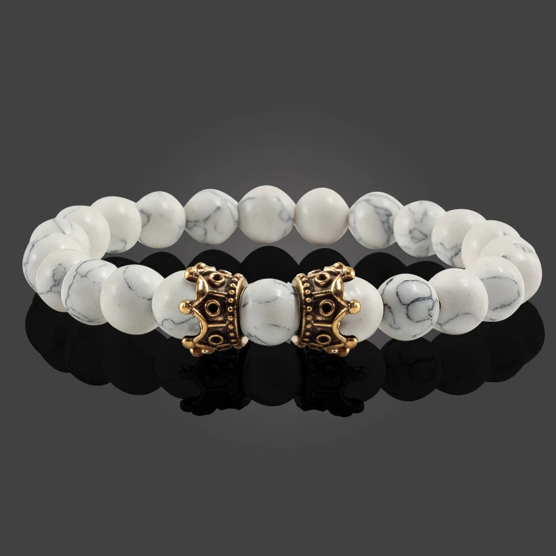 Vintage Alloy CZ Crown Beaded Bracelets Natural Stone Blue Turquoises Hematite Couple Bracelet for Women Men Accessories Jewelry | Украшения