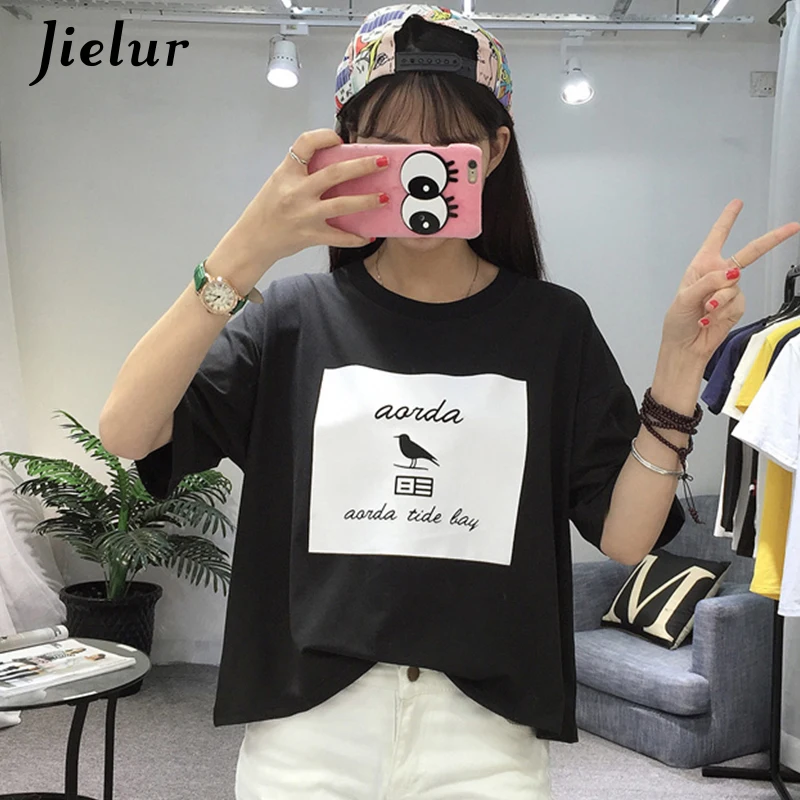 Jielur 2019 летняя футболка для женщин Харадзюку корейский стиль птица мультфильм