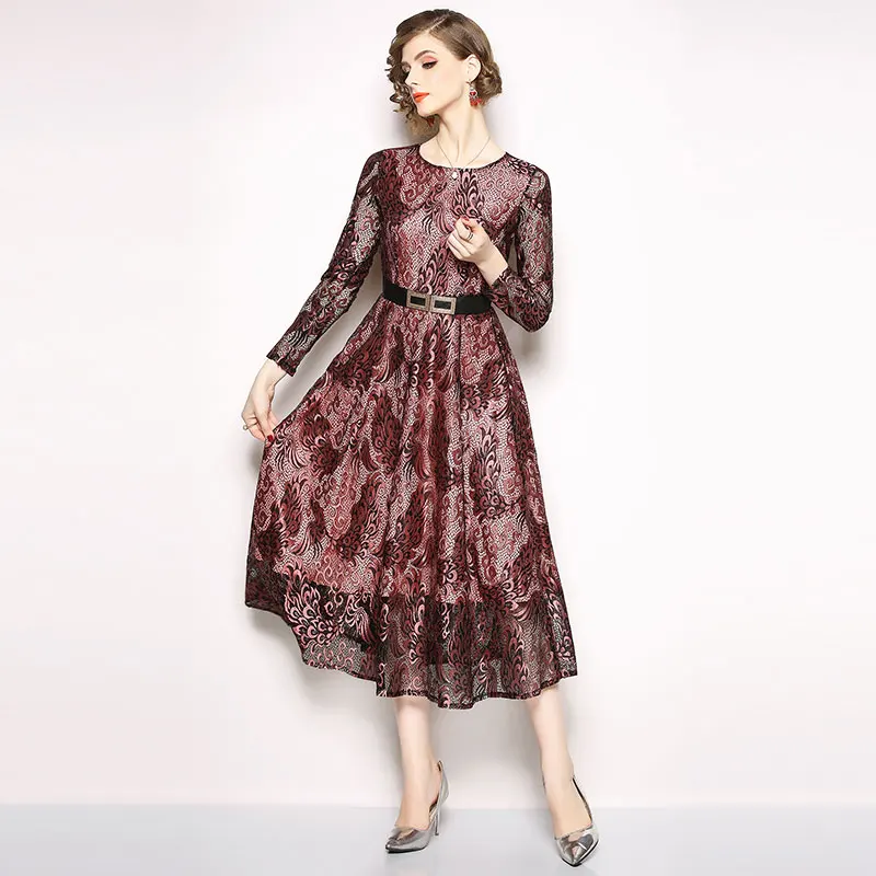 Borisovich Ladies Elegant Party Dresses New Brand Autumn Fashion Vintage Big Swing A-line Women Casual Lace Long Dress N240