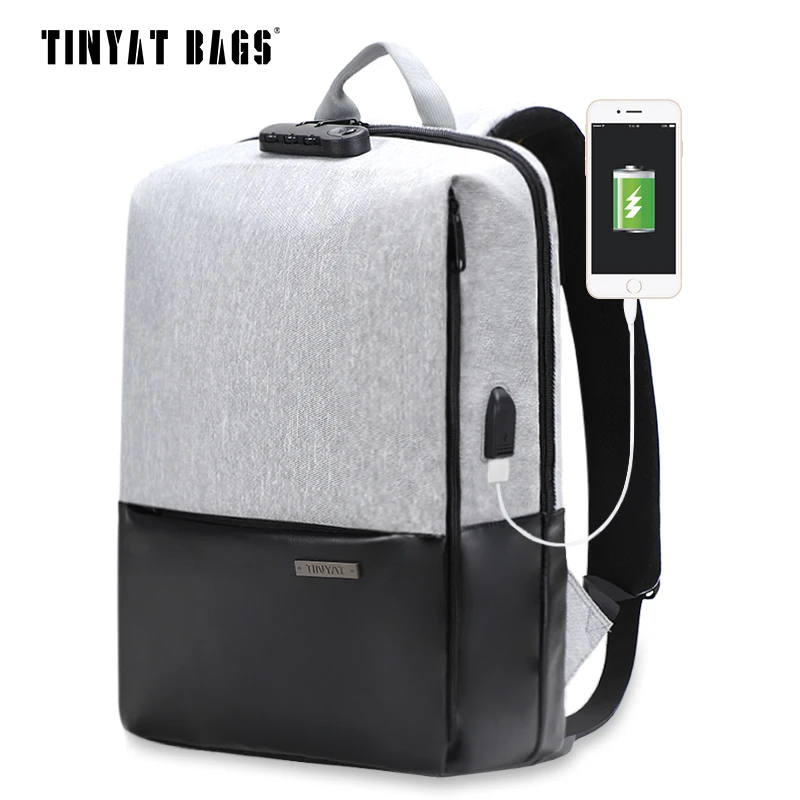 TINYAT, мужской Школьный рюкзак, водонепроницаемый, полиэстер, кожаный рюкзак, USB, 15 дюймов, рюкзак для ноутбука, мужской, для путешествий, Mochila, черный, рюкзак