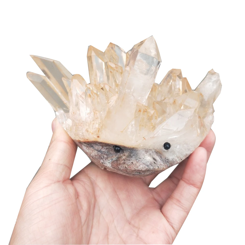 Натуральный прозрачный кварцевый кристалл кластер точек Ежик резная резьба голова скульптура Исцеление