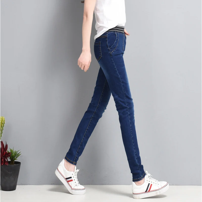 NVZHUREN Plus Size Solid Blue Warm Jeans For Women Casual Denim Pants Woman Winter Elastic Waist Stretch Female |
