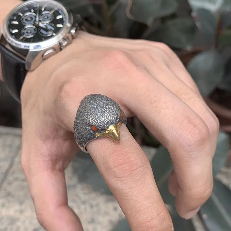 

GAGAFEEL Punk Animal Ring 925 Sterling Silver Eagle Head Rings for Men Male Semi-precious Stone Men's Jewelry