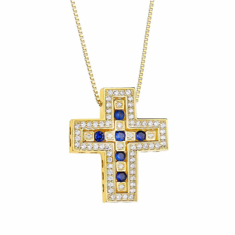 Blue CZ Gold Lovecabin, японский дизайн, 925 пробы, серебряный крест, кулон и ожерелье для женщин, двойной крест, кулон, мужское ожерелье, ювелирное изделие - Окраска металла: Blue CZ Gold