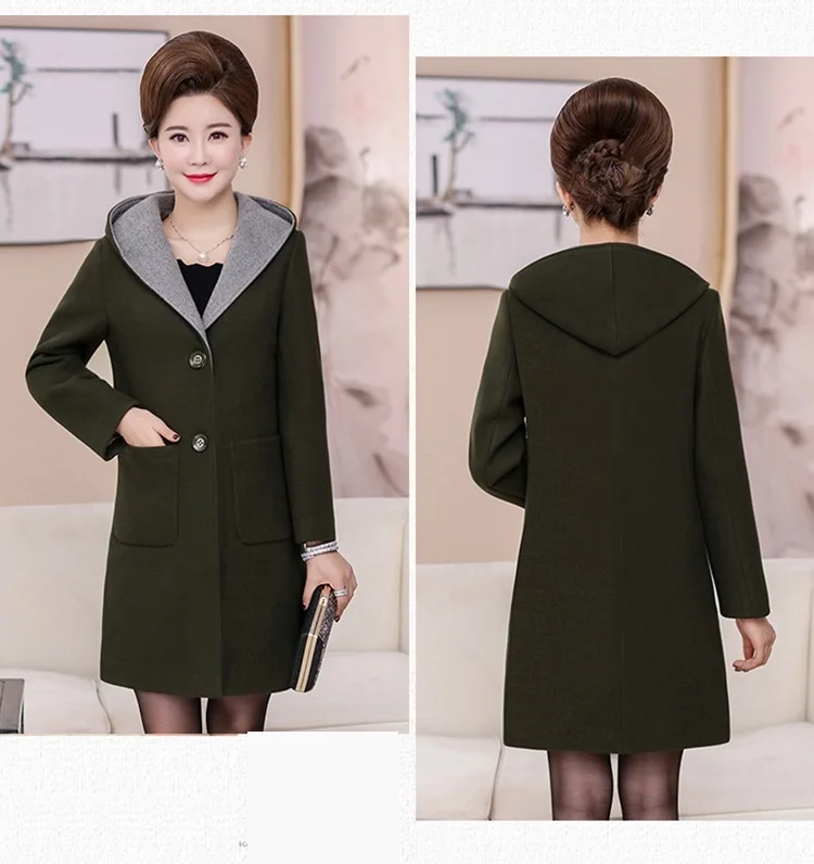 Autumn Winter Woolen Coat Women Hooded New Middle-aged Mother Clothes Long Slim Wool Coat Womens windbreaker Plus Size coat 5XL