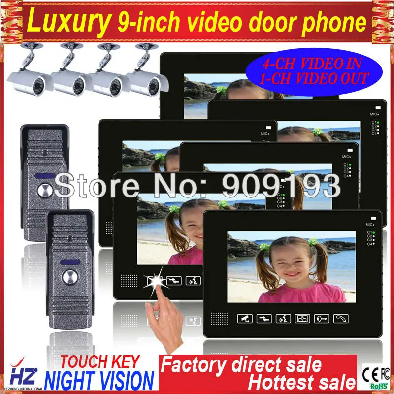 Free shipping 9" color TFT-LCD wired video door phone 2 to 6 support 4CH in 1CH out rainproof night vision | Безопасность и