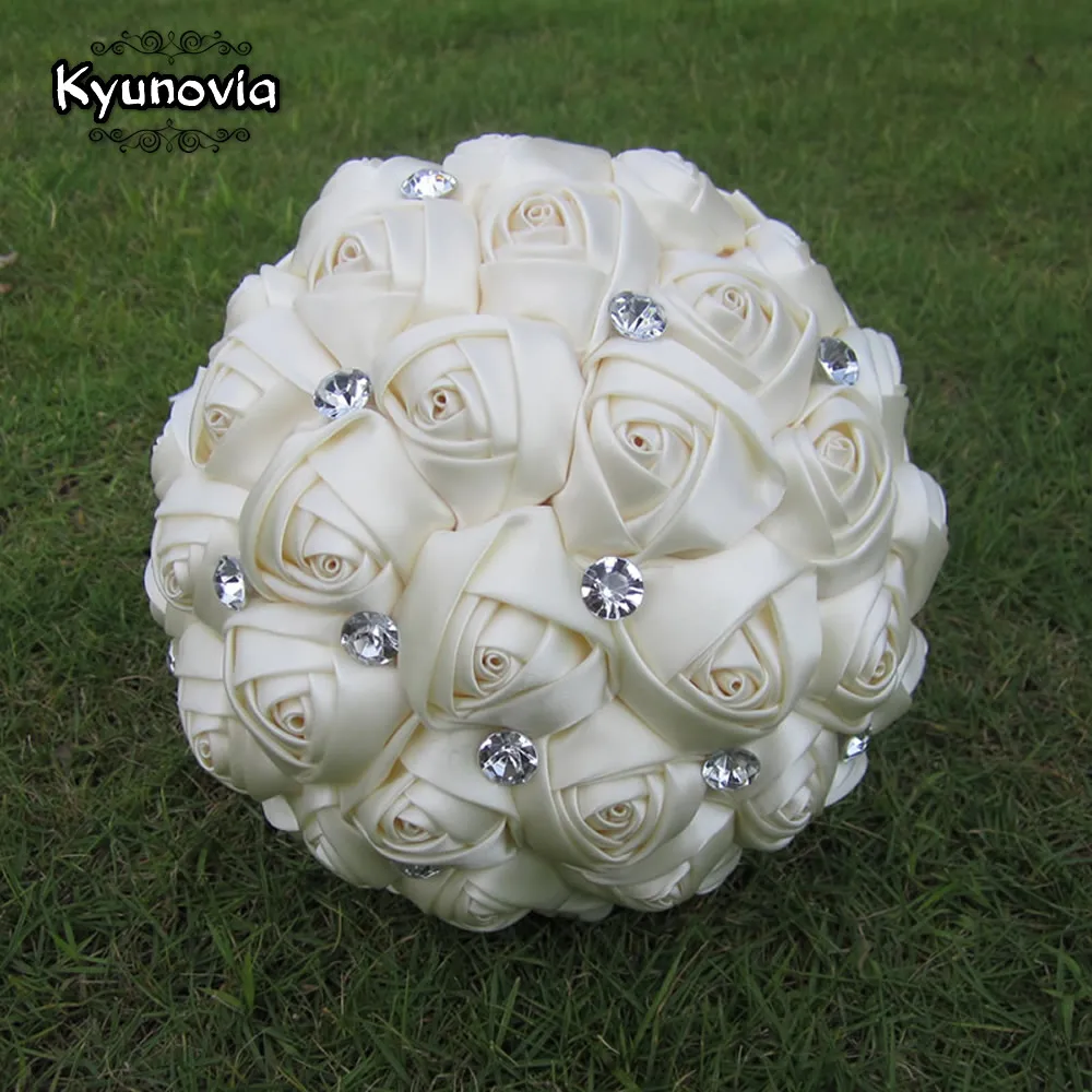 

Kyunovia Custom Satin Rose Bouquet Rhinestones Ribbon Rose Wedding flowers Ivory Bridal Bouquets DIY Wedding Bouquet FE78