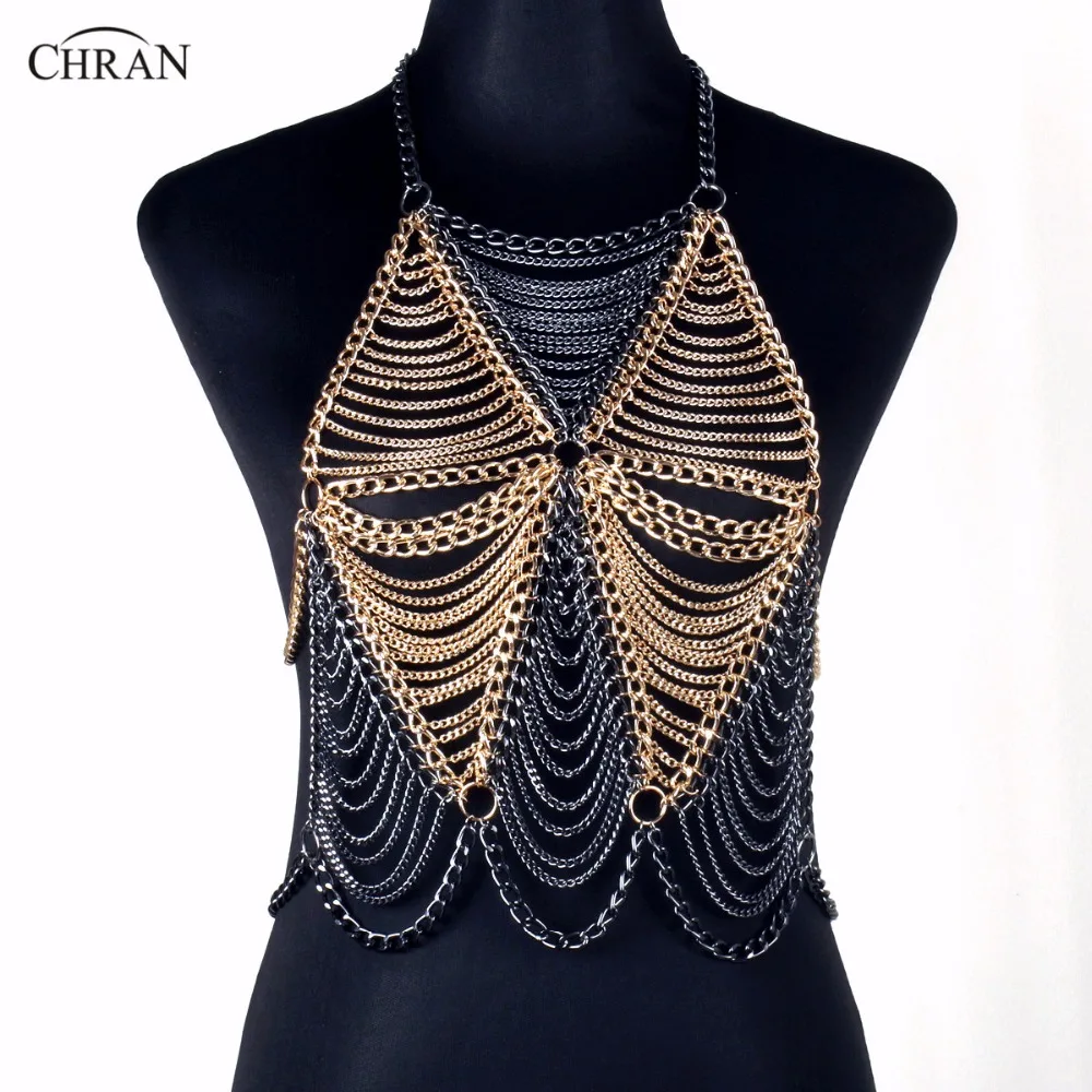 

Chran Fashion Stunning Sexy Silver Gold Tone Beach Chain Bra Slave Harness Necklace Bikini Dress Wear Jewely CRBJ707