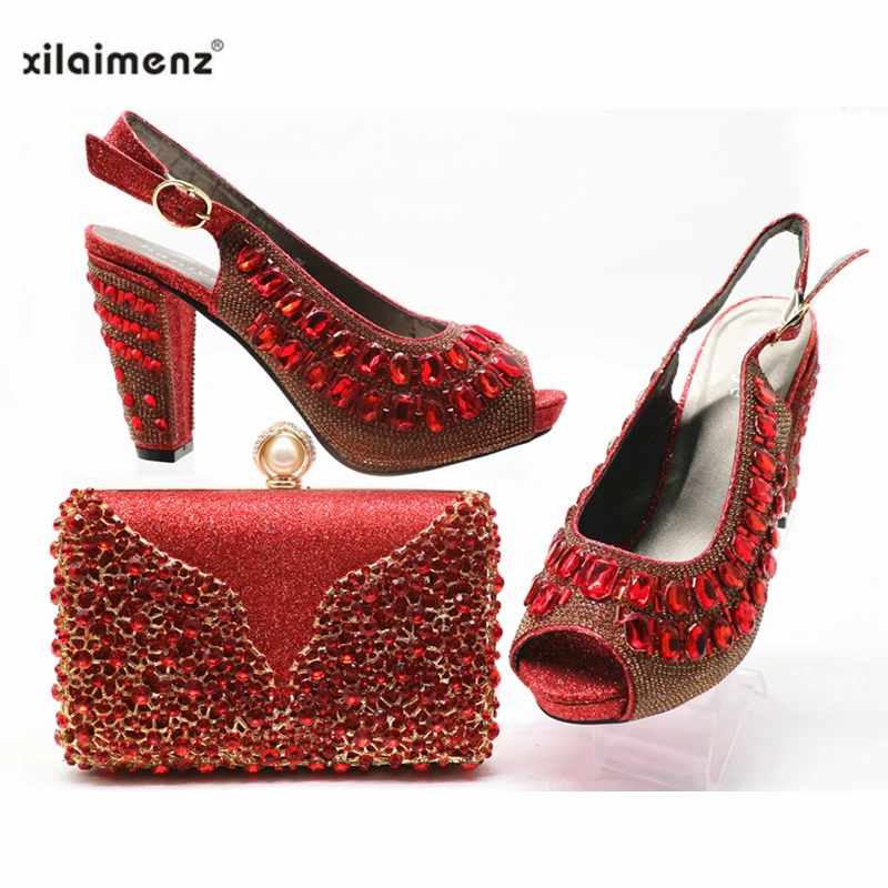 

Summer Red Color Decorated With Rhinestone Shoes And Bag Set Nigerian Design Matching Shoes And Bag Set For Wedding Party