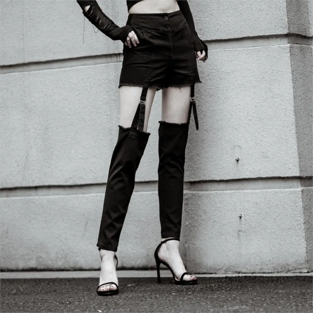 Women Hollow Out Black Pencil Pants Gothic Punk Skinny High Waist Long Pants Streetwear Fahion Female Buckle Cargo Cool Trousers
