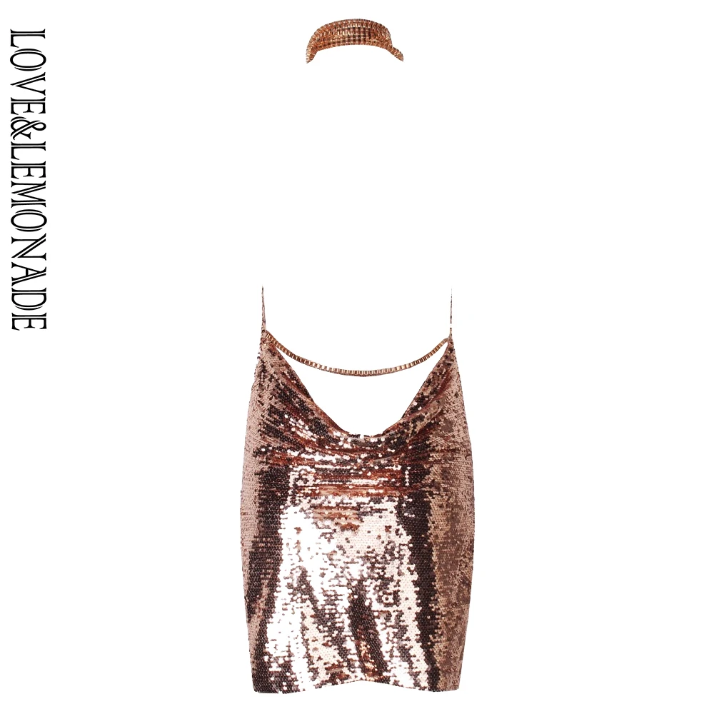 Золотое Платье с v-образным вырезом и лямкой на шее Love& Lemonade TB 9825