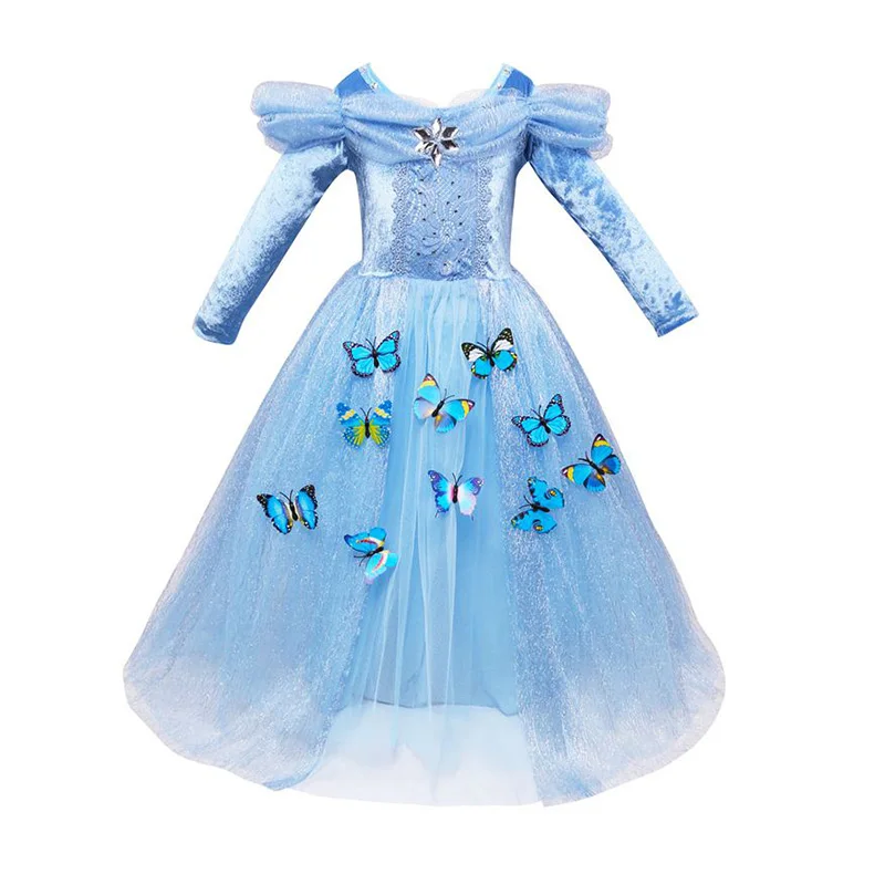 02 Long Blue Dress Платье Золушки для девочек платье бальное платье для детей с вышитыми бабочками Эльза, Белль карнавальный костюм принцессы для Хэллоуина День рождения - Цвет: 02 Long Blue Dress