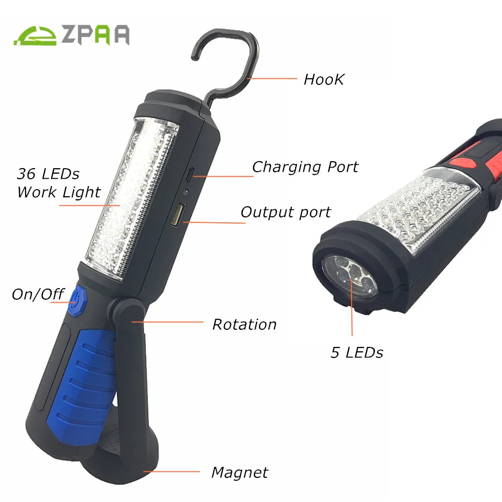 ZPAA Многофункциональный USB Перезаряжаемый 36 + 5 светодиодный фонарик открытый