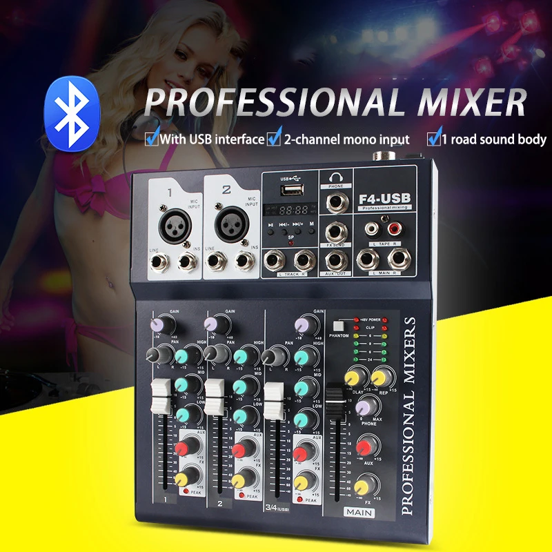 FELYBY мини портативный аудио микшер с USB Bluetooth DJ звук микшерный пульт MP3 Разъем 4 канала 48 в усилитель для караоке KTV