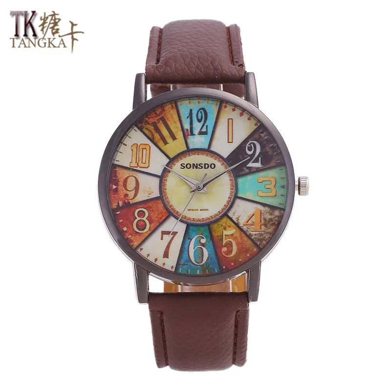 TANGKA Новые мужские и женские кожаные часы со стальным кольцом Ретро цифровой