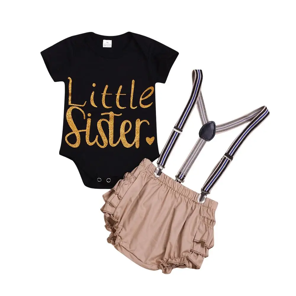

Kid Baby Girl Clothes Set Little Sister Print Tee Black Top+Bib Pants Bebe Clothing Set Outfit