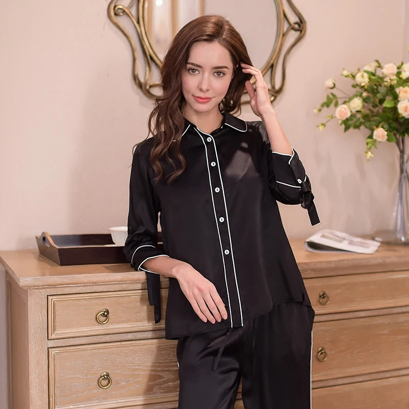 Genuine Silk Women's Pajamas 100% Silk Sleepwear Female High Quality Sexy Black Pyjama Pants Two-Piece Sets T8148