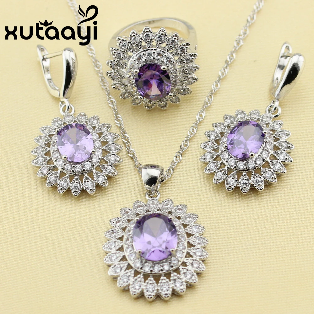 XUTAAYI 4PCS Silver colorcolor Jewelry Set Flower Purple Zircon Earrings Ring Necklace Pendant Bracelet Christmas Gift | Украшения и