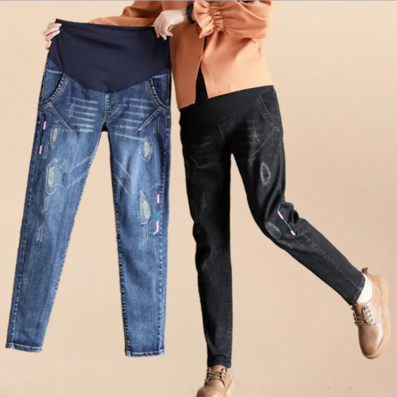Новинка весны 2019 модные джинсы с дырками для беременных повседневные брюки