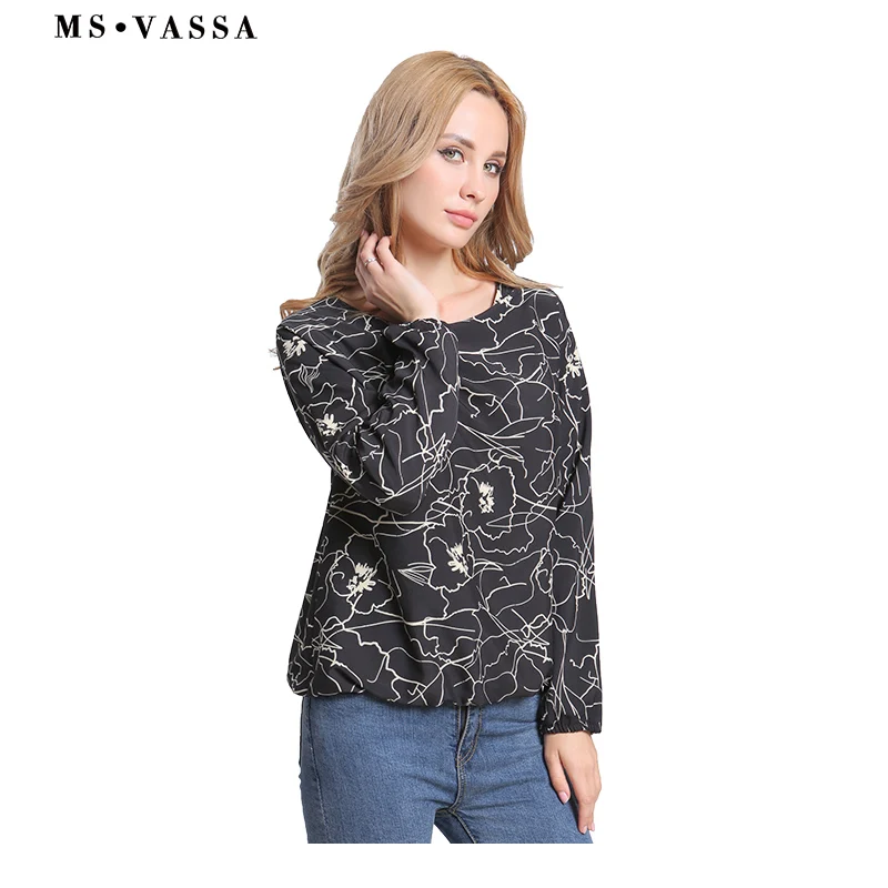 MS VASSA 2018 новый летний Для женщин блузки черный цветочные рубашки с круглым