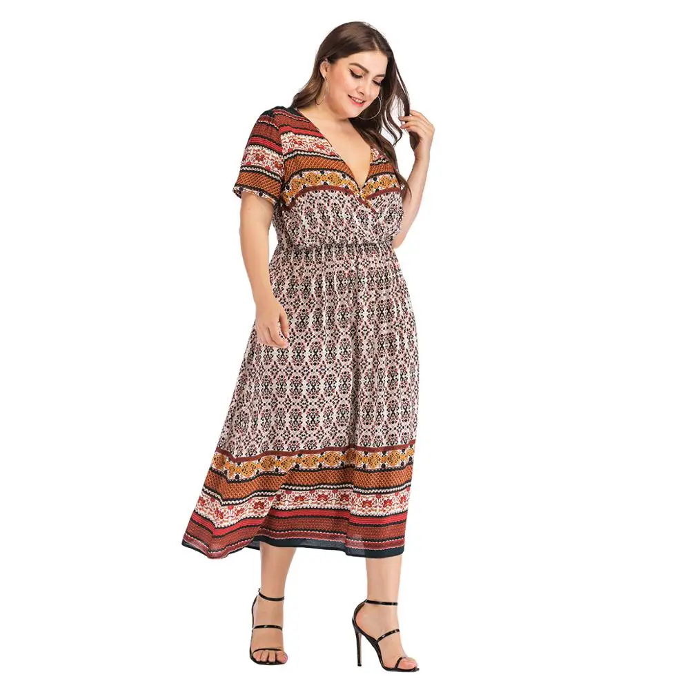 Женское платье большого размера 2019 Boho с длинным v-образным вырезом и коротким