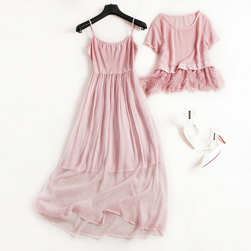 Весна осень взлетно посадочной полосы дизайнер женщины платья розовый шелк