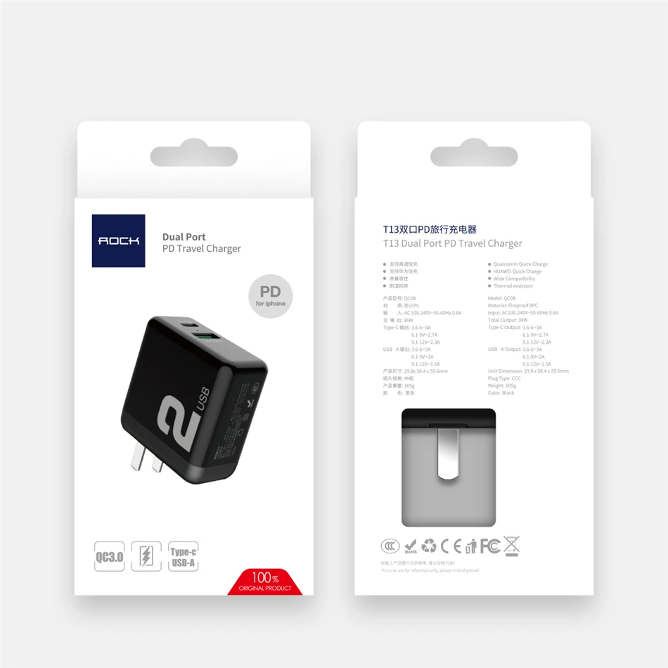 ROCK type-C PD USB зарядное устройство для мобильного телефона для iPhone X 8 Plus адаптер 36 Вт Быстрое настенное зарядное устройство 2 порта 3A Max PD зарядное устройство для Macbook