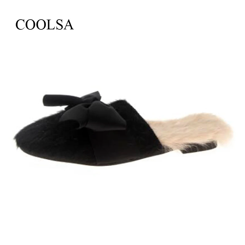 COOLSA/женские зимние новые меховые тапочки; модные замшевые однотонные Шлепанцы женские сабо на плоской подошве с бантом; женские Тапочки