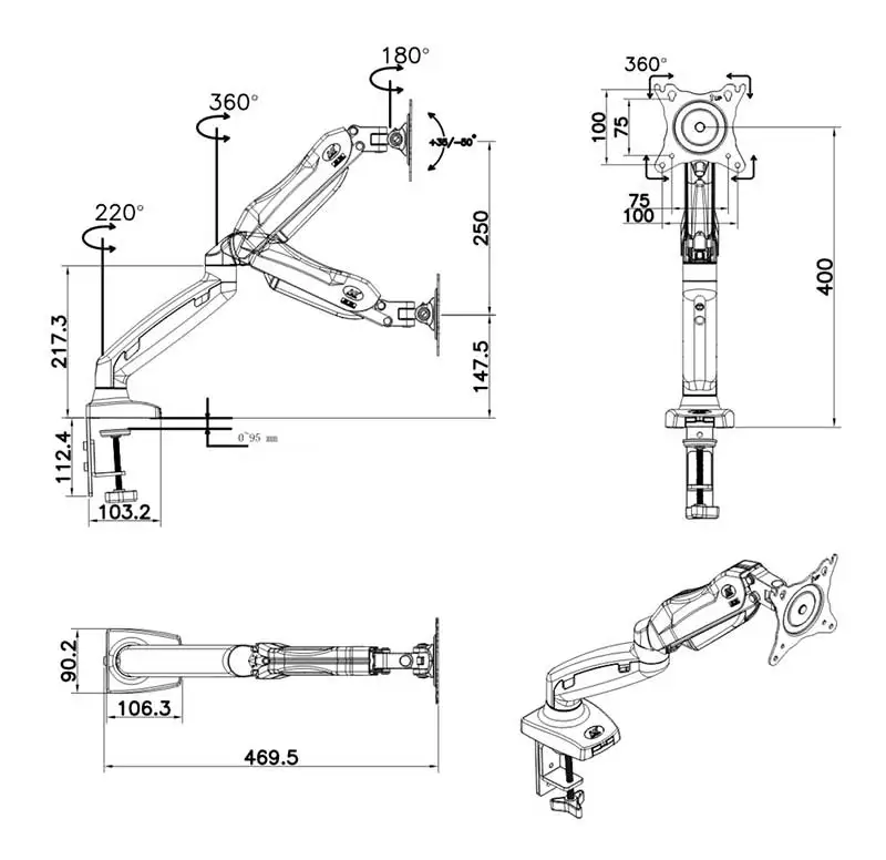NB F80+ FP-1 удлинитель для без отверстия VESA 17-2" светодиодный держатель для монитора, газовая пружина, полная распорка газа, Flexi Mount Load2-6.5kgs
